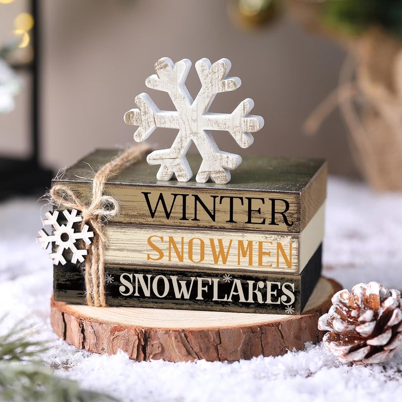 Anglechic 4 Pcs Winter Table Decorations Snowmmen Tiered Tray Decorations Christmas Mini Snowflake Wooden Books Signs for Office Shelf Classroom Tabletop Bookshelf - Image 2